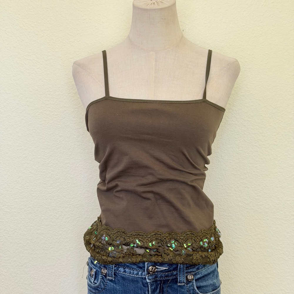 Olive Green Sequin Lace Trim Cami Tank Top Grande L Made in USA